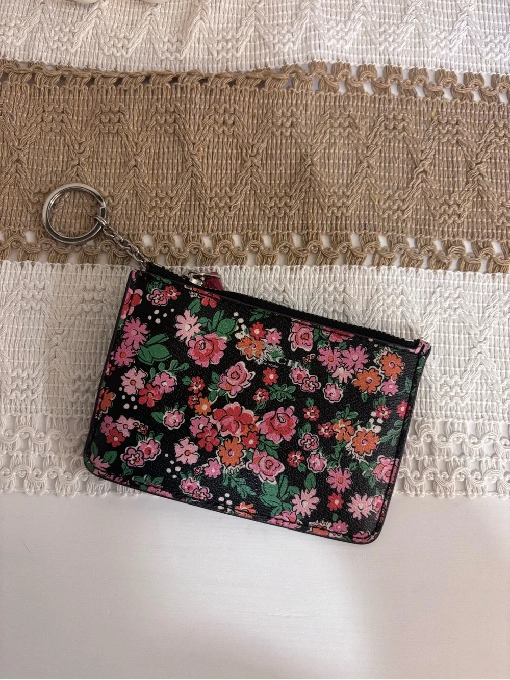 Coach Black Floral Keyring Zip Pouch